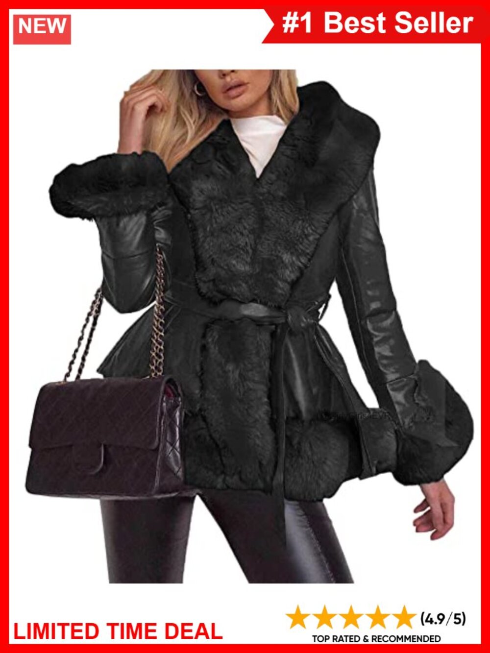Faux Leather Parka Coat with Fur Collar Belted Slim Fit Winter